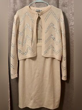 Vintage St. John Evening Santana Knit 2 Pc Dress Set Jacket Chevron Sequin Sz 10